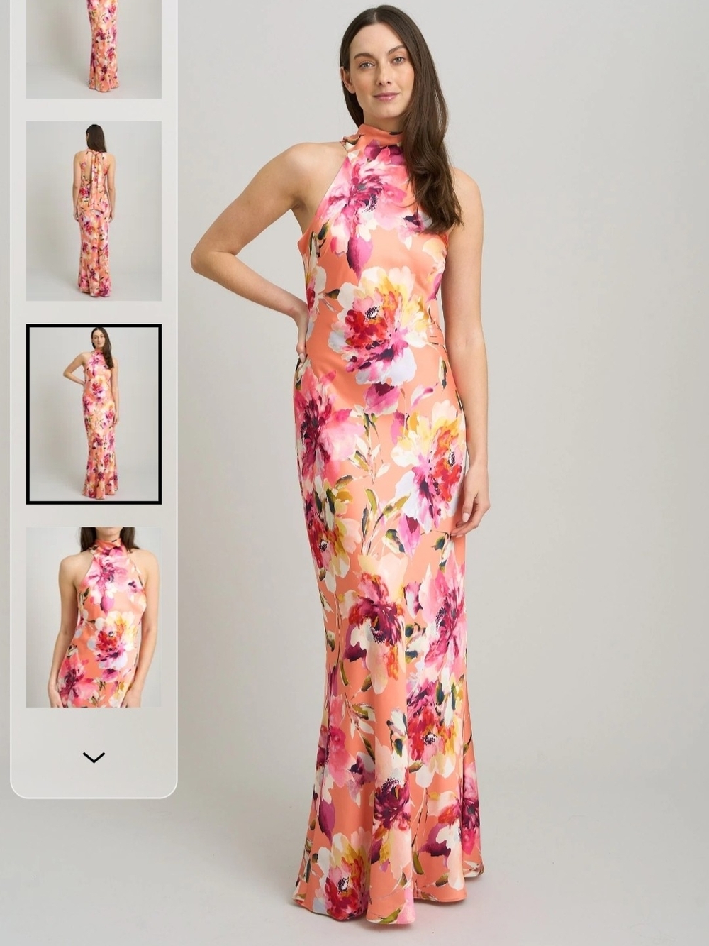 Xscape Peach Floral Halter Maxi Dress Satin Tie Neck Size 8